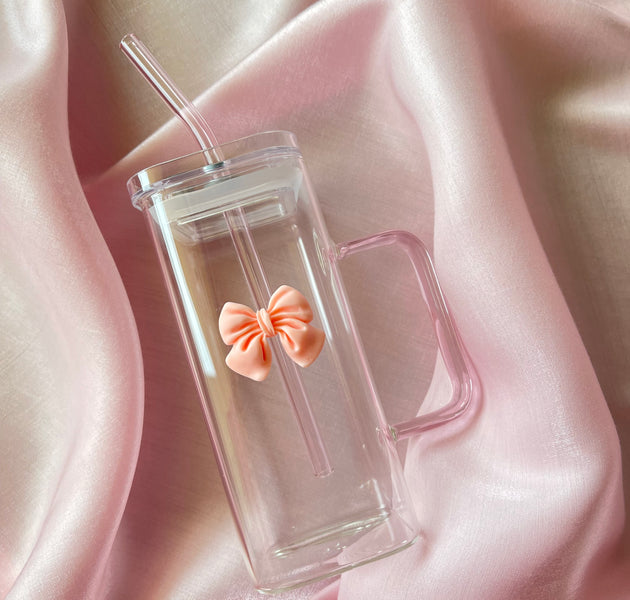 Pow glass cup with straw🎀